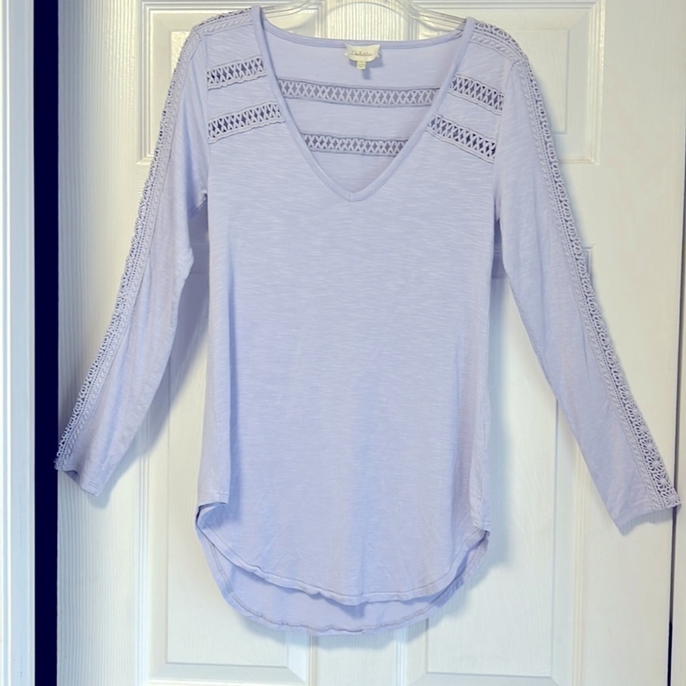Anthropologie Deletta Lace Line Tunic Lavender V Neck Teal Lace Ladder Stitch S‎